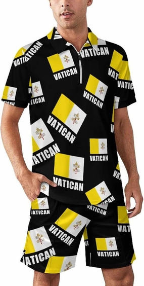 Vatican City Flag Summer Polo Suits for Men 1/4 Zipped Golf Shirts And Shorts Sets Loungewear