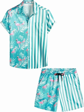 VATPAVE Mens Flamingo Hawaiian Sets Casual Short Sleeve Button Down Shirts Beach Outfits