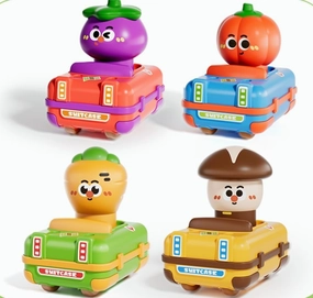 Vegetable Character Press and Go Toy Cars, Colorful Suitcase Design, Set of 4