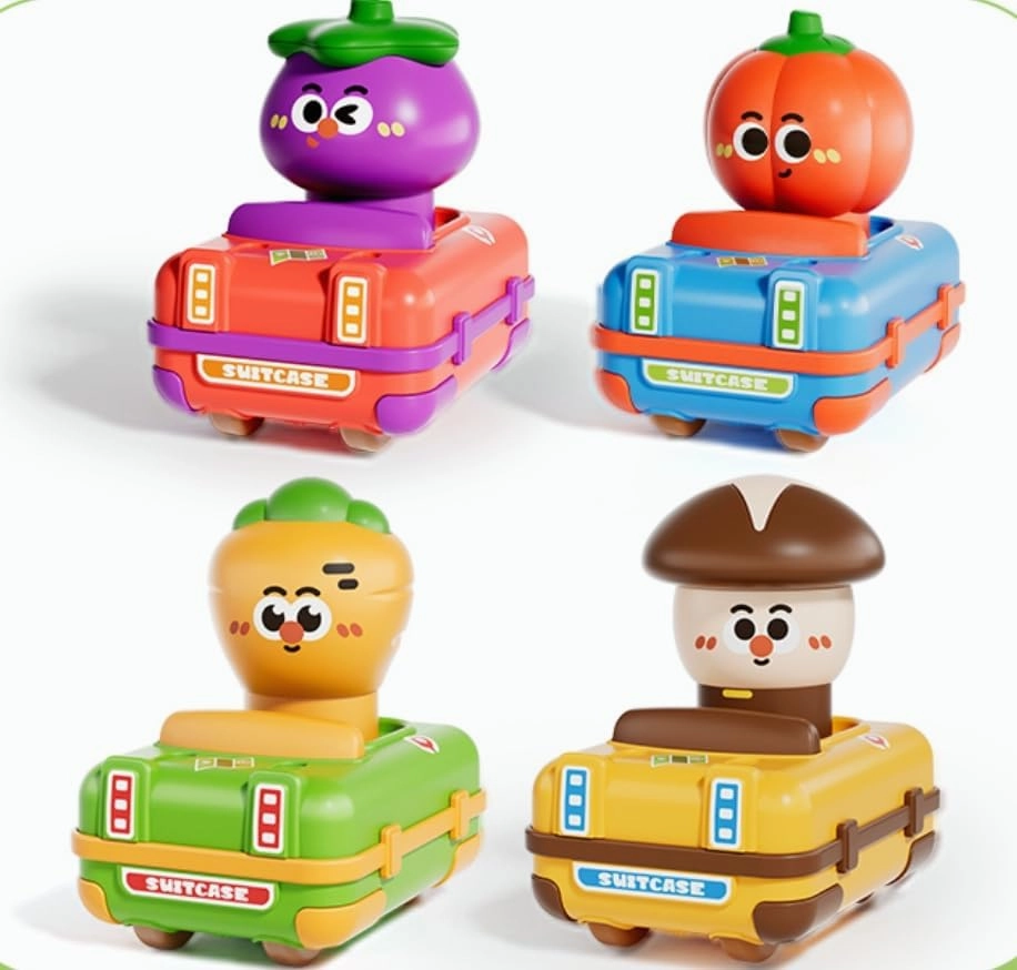 Vegetable Character Press and Go Toy Cars, Colorful Suitcase Design, Set of 4