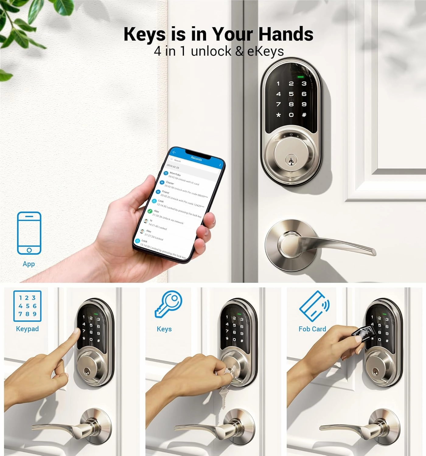 Veise RZ06B Smart Lock for Front Door, 2 Lever Handle Set, Keyless Entry Deadbolt, App Control, Electronic Digital Touchscreen Keypad, Auto Lock, IP54 Waterproof, Easy Installation, Satin Nickel