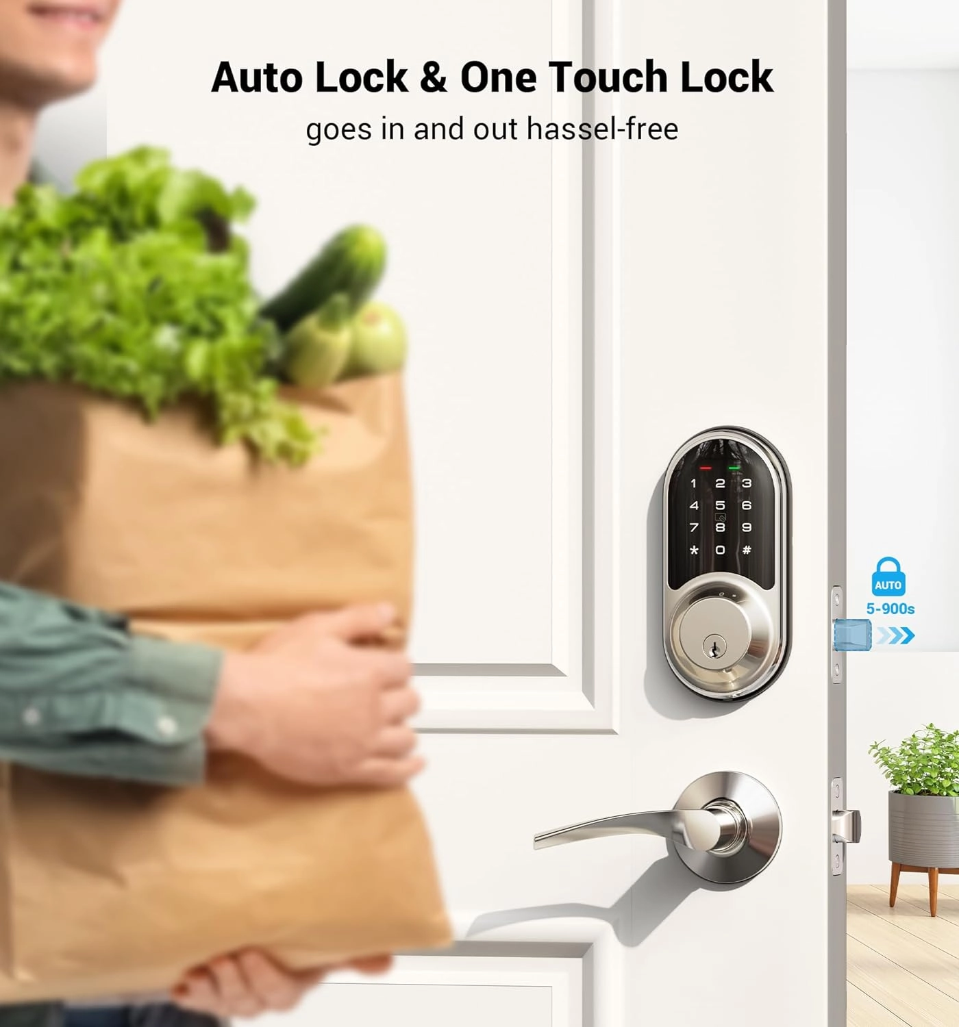 Veise RZ06B Smart Lock for Front Door, 2 Lever Handle Set, Keyless Entry Deadbolt, App Control, Electronic Digital Touchscreen Keypad, Auto Lock, IP54 Waterproof, Easy Installation, Satin Nickel