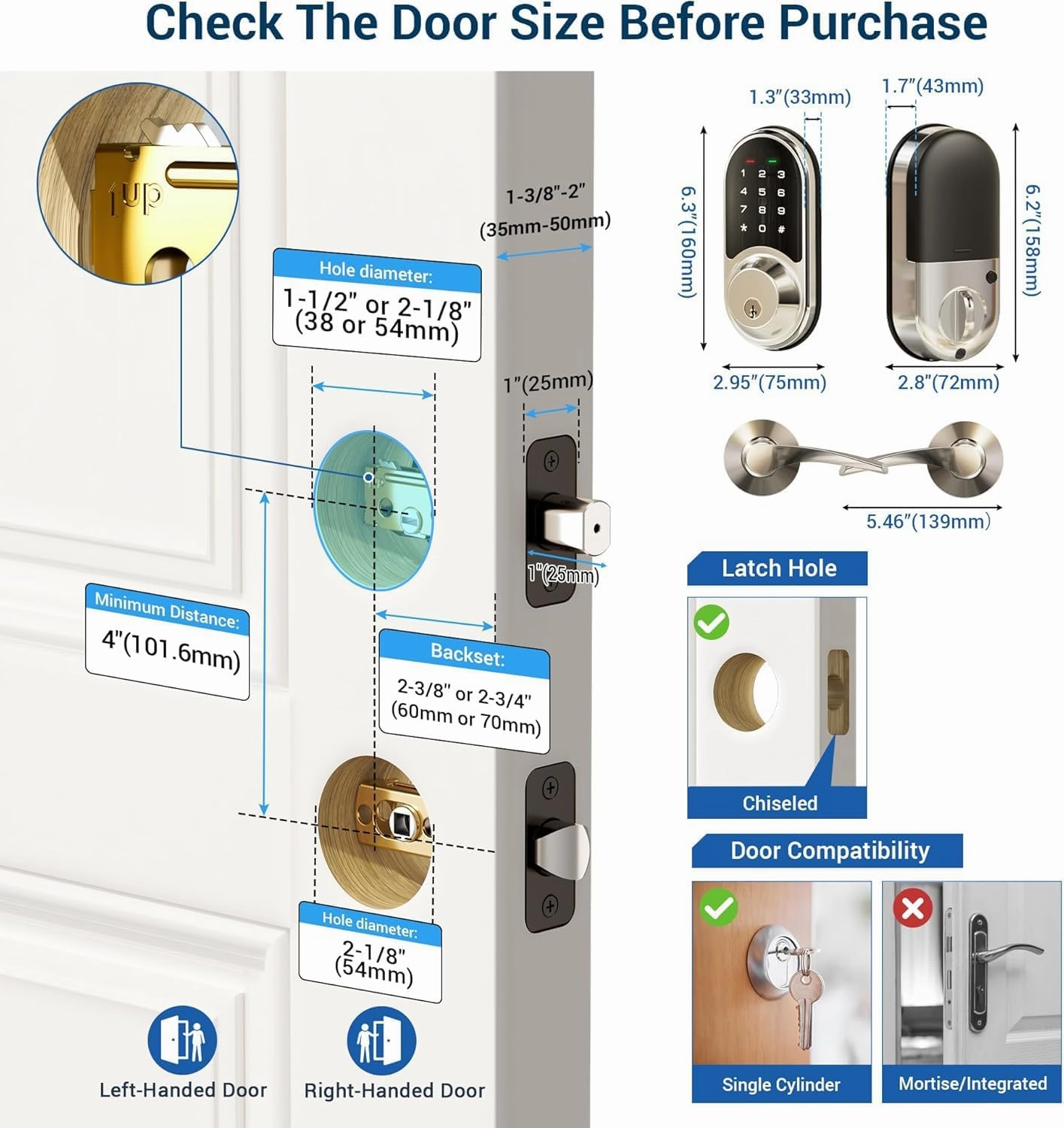 Veise RZ06B Smart Lock for Front Door, 2 Lever Handle Set, Keyless Entry Deadbolt, App Control, Electronic Digital Touchscreen Keypad, Auto Lock, IP54 Waterproof, Easy Installation, Satin Nickel