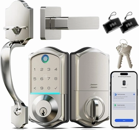 Veise VE017-H Fingerprint Smart Front Door Lock Set, App Control, Keyless Entry Deadbolt with Handle, Smart Deadbolt, Emergency Power Port, Touchscreen Keypad, Auto Lock, Easy Install, Satin Nickel