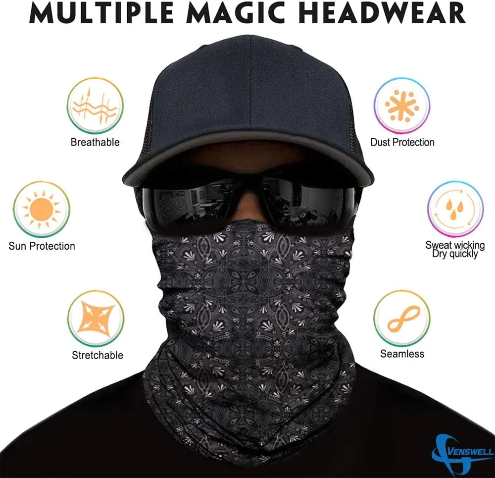 Venswell Neck Gaiter Face Mask Men Women,Seamless Bandana Rave Face Cover Scarf Mask,Balaclava,Headband, Head Wrap,Headwear