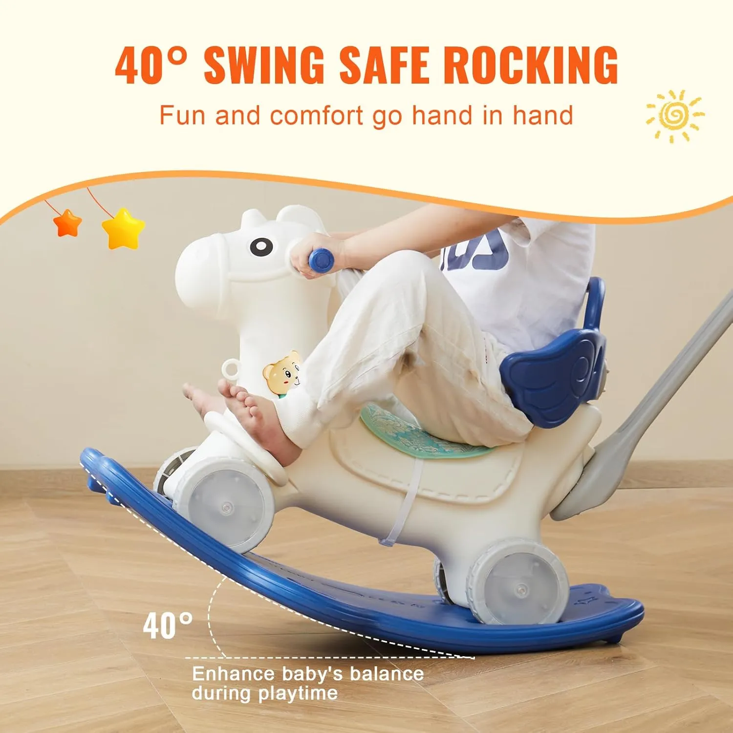 VEVOR 4 in 1 Rocking Horse for Toddlers 1-3 Years, Baby Rocking Horse with Detachable Balance Board, Push Handle and 4 Smooth Wheels, Support up to HDPE 80 lbs Kids Ride on Toy with Sound, Blue