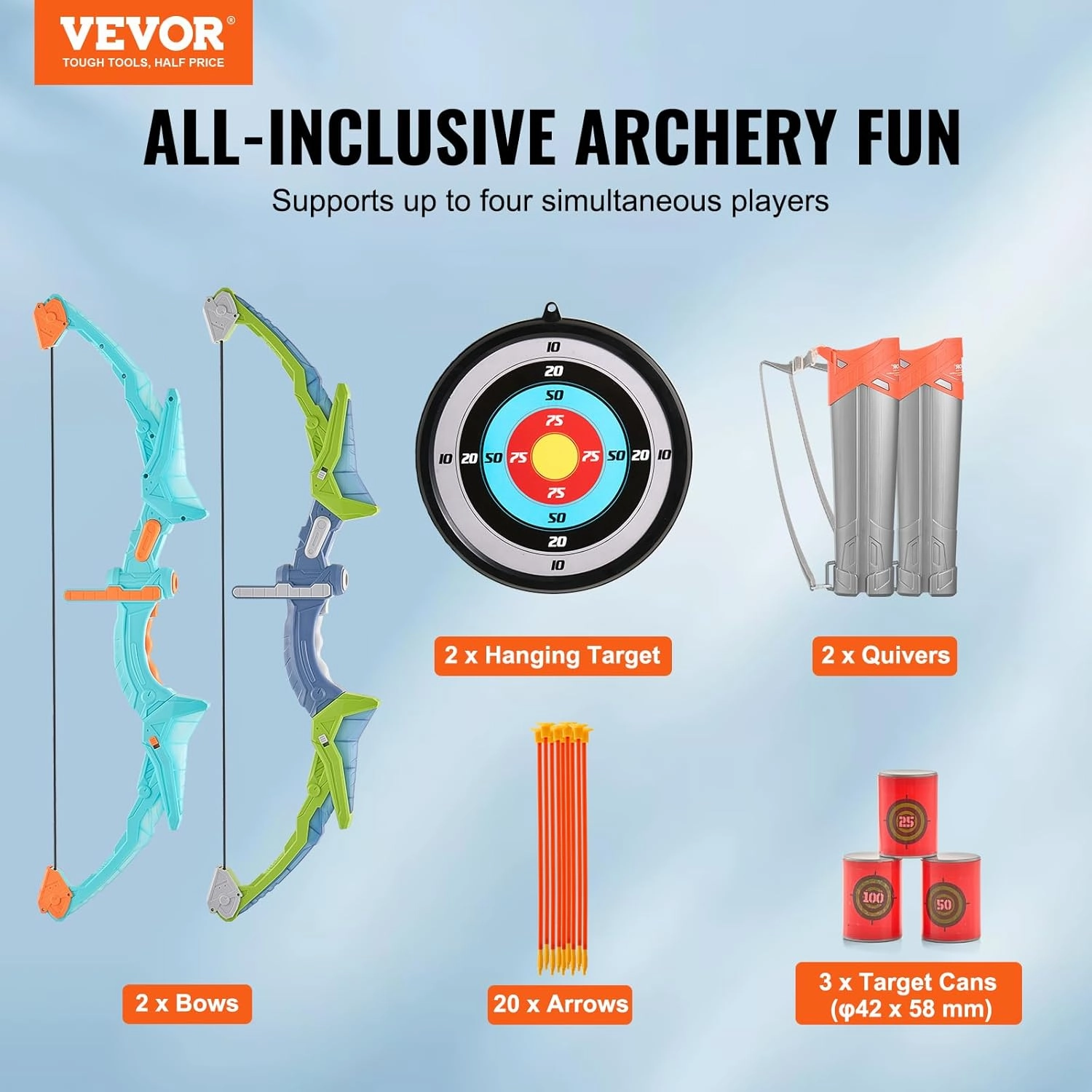 VEVOR Bow and Arrow Set for Kids, 2 Pack LED Light Up Archery Set with 20 Suction Cup Arrows, Indoor Outdoor Toy for Boys Girls Age 4-8 8-12 with Hanging Target & 2 Quivers, Ideal Gift for Kids