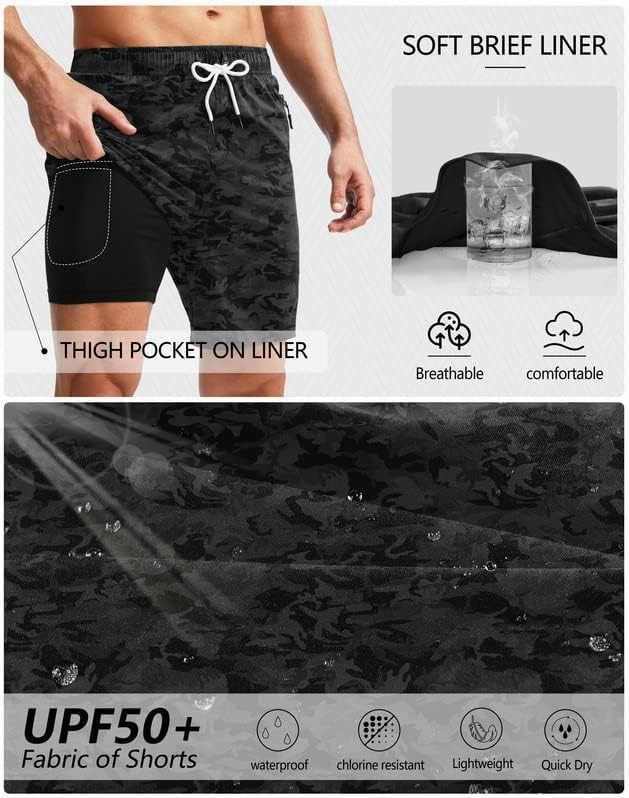 Viodia Men's Swim Trunks with Compression Liner Quick Dry Board Shorts Swimsuit Swimwear for Men with Zipper Pockets