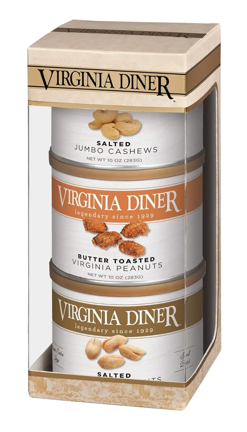 Virginia Diner Classix Triplet Treasure Virginia Peanuts Gift Set: Salted & Butter Toasted Peanuts, Jumbo Cashews, 27 oz total (Pack of 1) Salted
