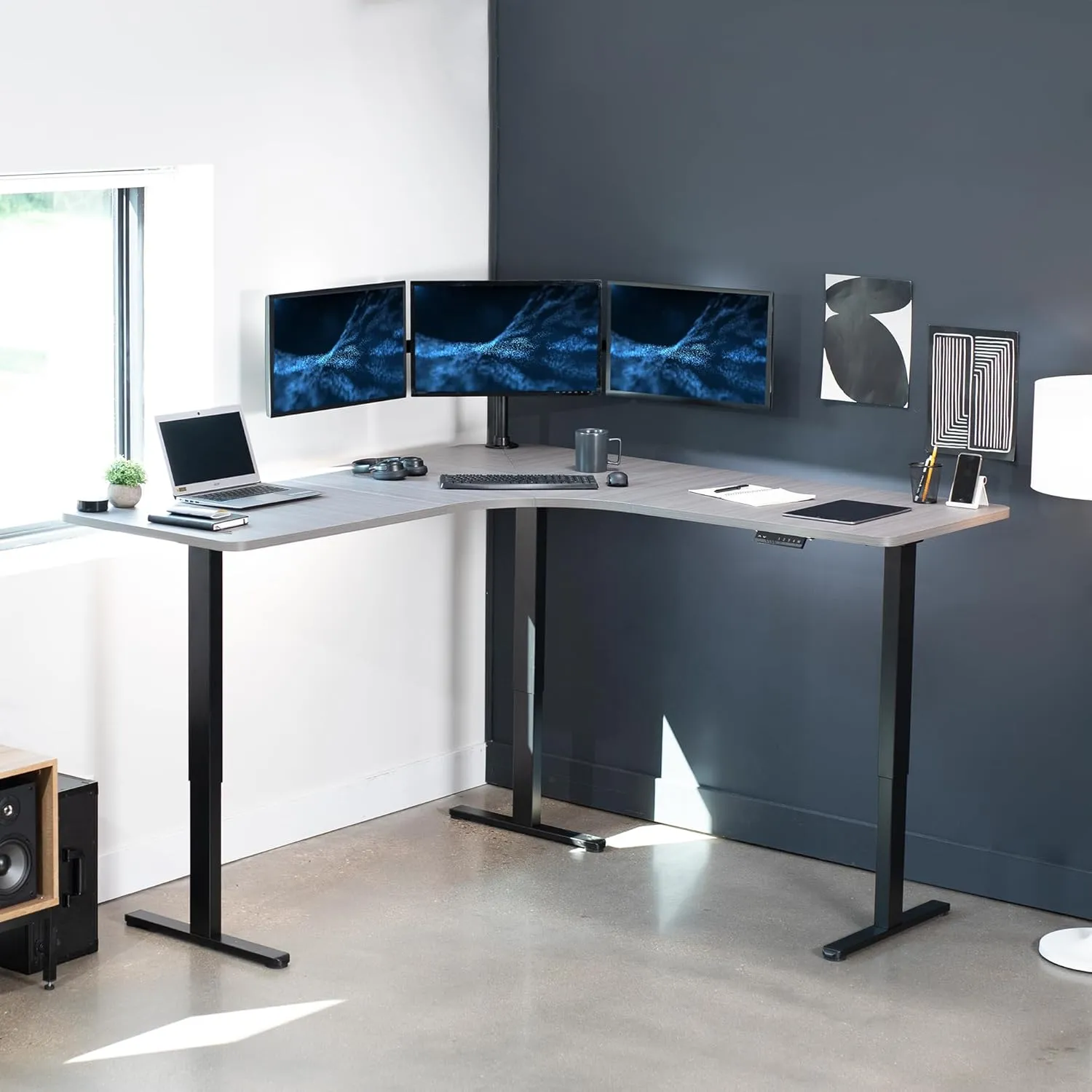 VIVO Electric Height Adjustable 71 x 71 inch Curved Corner Stand Up Desk, Dark Gray Table Top, Black Frame, Memory Controller, L-Shaped Workstation, E3C Series, DESK-KIT-E3CBG