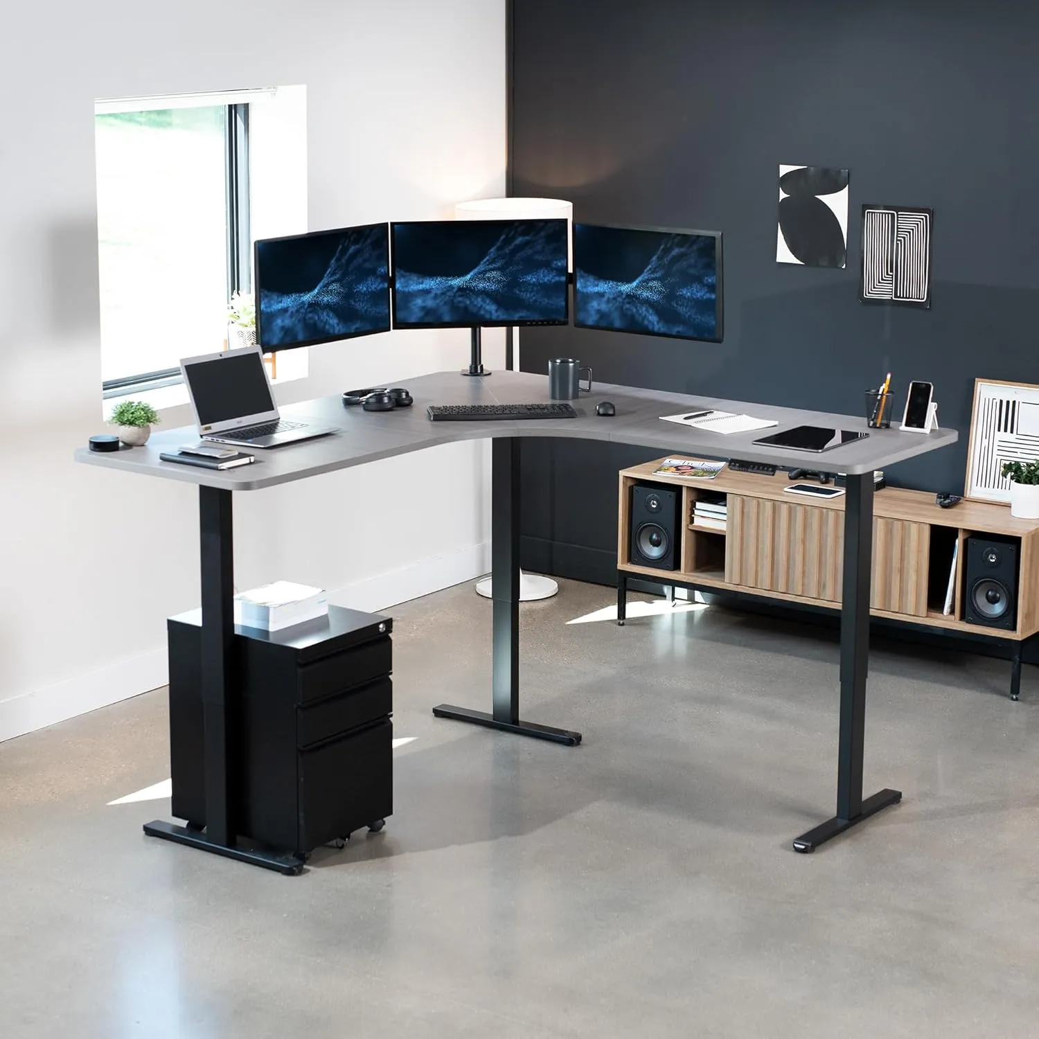 VIVO Electric Height Adjustable 71 x 71 inch Curved Corner Stand Up Desk, Dark Gray Table Top, Black Frame, Memory Controller, L-Shaped Workstation, E3C Series, DESK-KIT-E3CBG