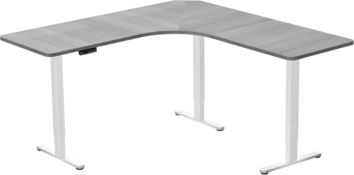 VIVO Electric Height Adjustable 71 x 71 inch Curved Corner Stand Up Desk, Dark Gray Table Top, White Frame, Memory Controller, L-Shaped Workstation, E3C Series, DESK-KIT-E3CWG