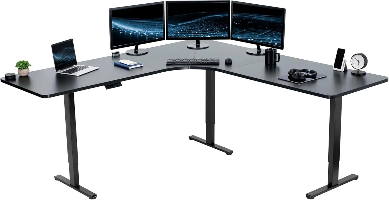VIVO Electric Height Adjustable 83 x 83 inch Curved Corner Stand Up Desk, Black Table Top, Black Frame, Memory Controller, L-Shaped Workstation, E3C Series, DESK-KIT-E3CB83B