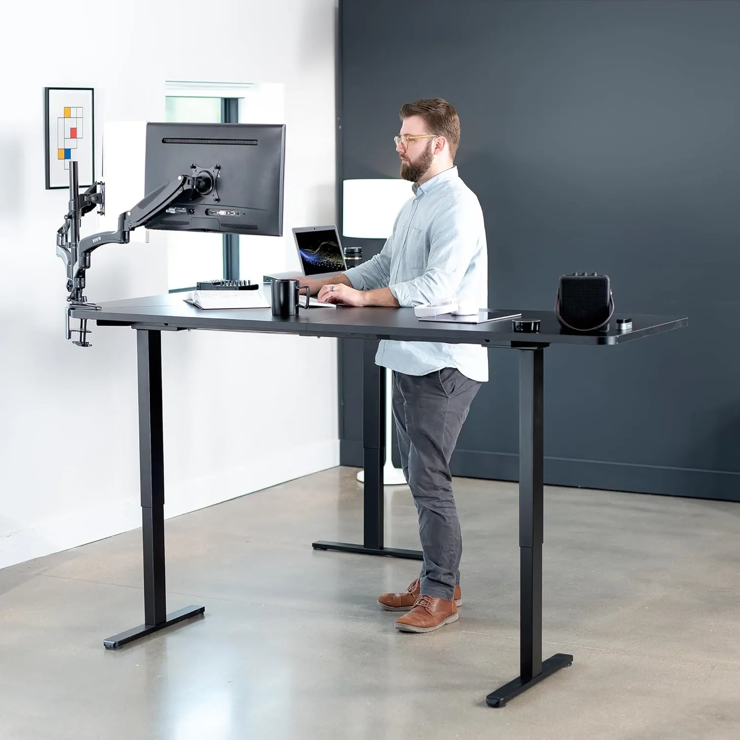 VIVO Electric Height Adjustable 83 x 83 inch Curved Corner Stand Up Desk, Black Table Top, Black Frame, Memory Controller, L-Shaped Workstation, E3C Series, DESK-KIT-E3CB83B