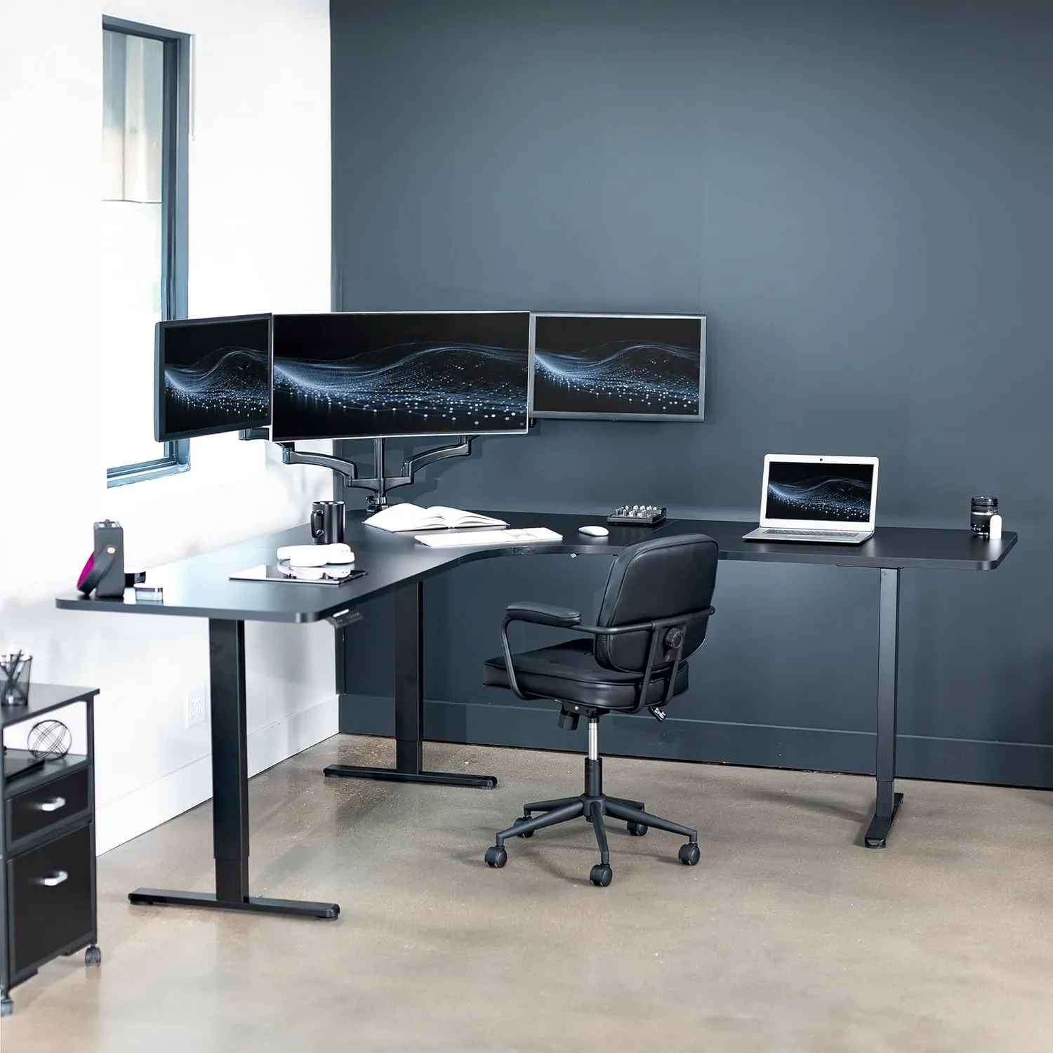 VIVO Electric Height Adjustable 83 x 83 inch Curved Corner Stand Up Desk, Black Table Top, Black Frame, Memory Controller, L-Shaped Workstation, E3C Series, DESK-KIT-E3CB83B