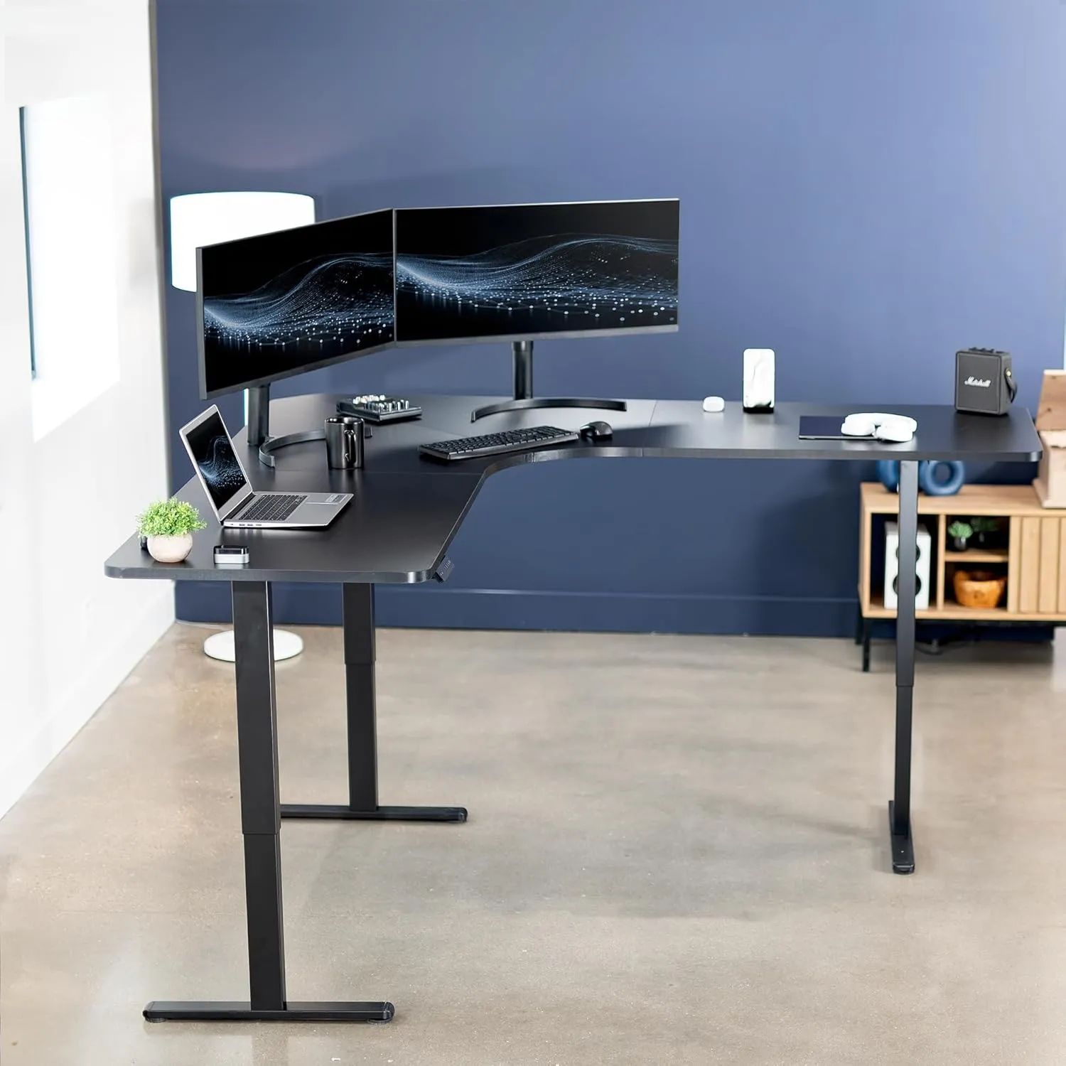 VIVO Electric Height Adjustable 83 x 83 inch Curved Corner Stand Up Desk, Black Table Top, Black Frame, Memory Controller, L-Shaped Workstation, E3C Series, DESK-KIT-E3CB83B