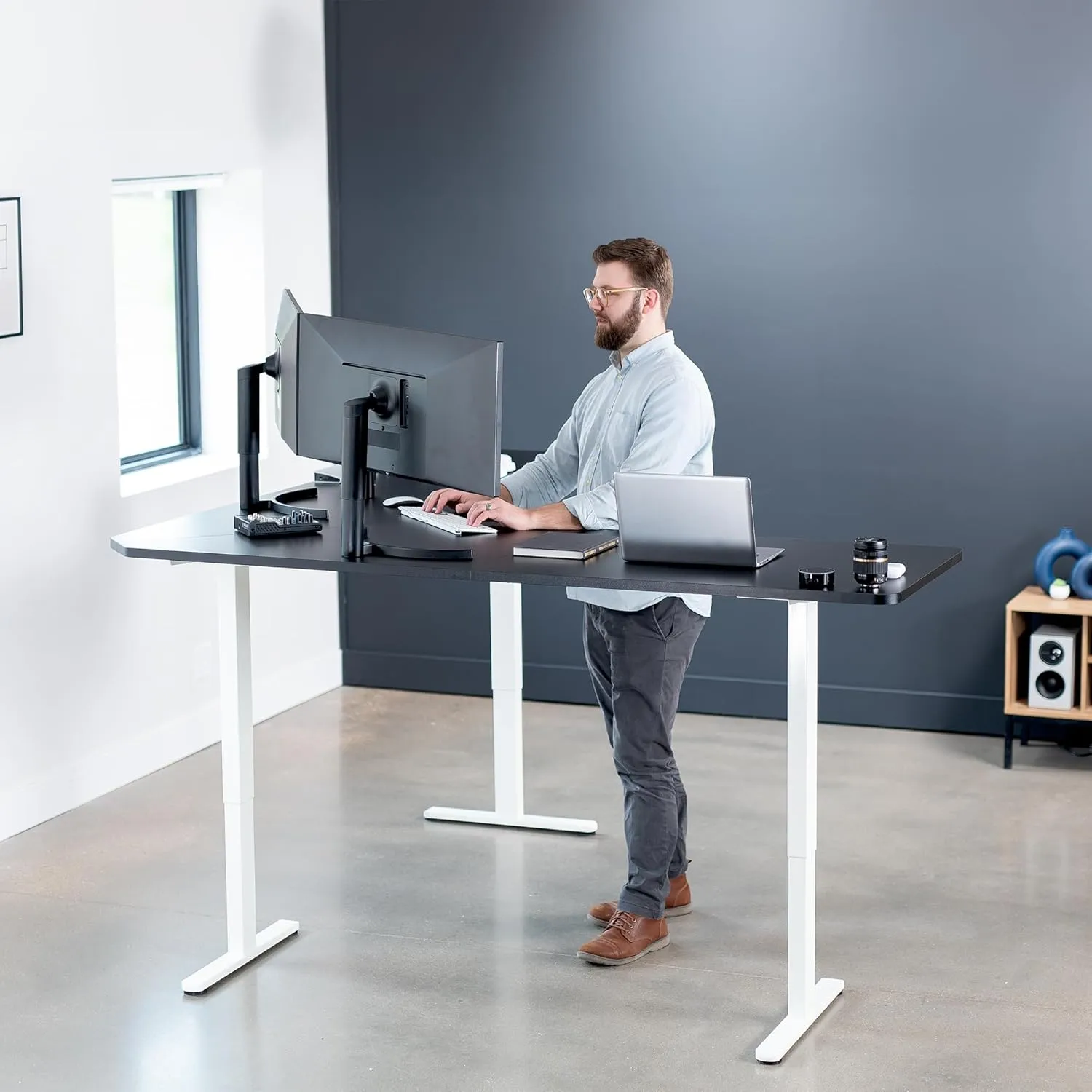 VIVO Electric Height Adjustable 83 x 83 inch Curved Corner Stand Up Desk, Black Table Top, White Frame, Memory Controller, L-Shaped Workstation, E3C Series, DESK-KIT-E3CW83B