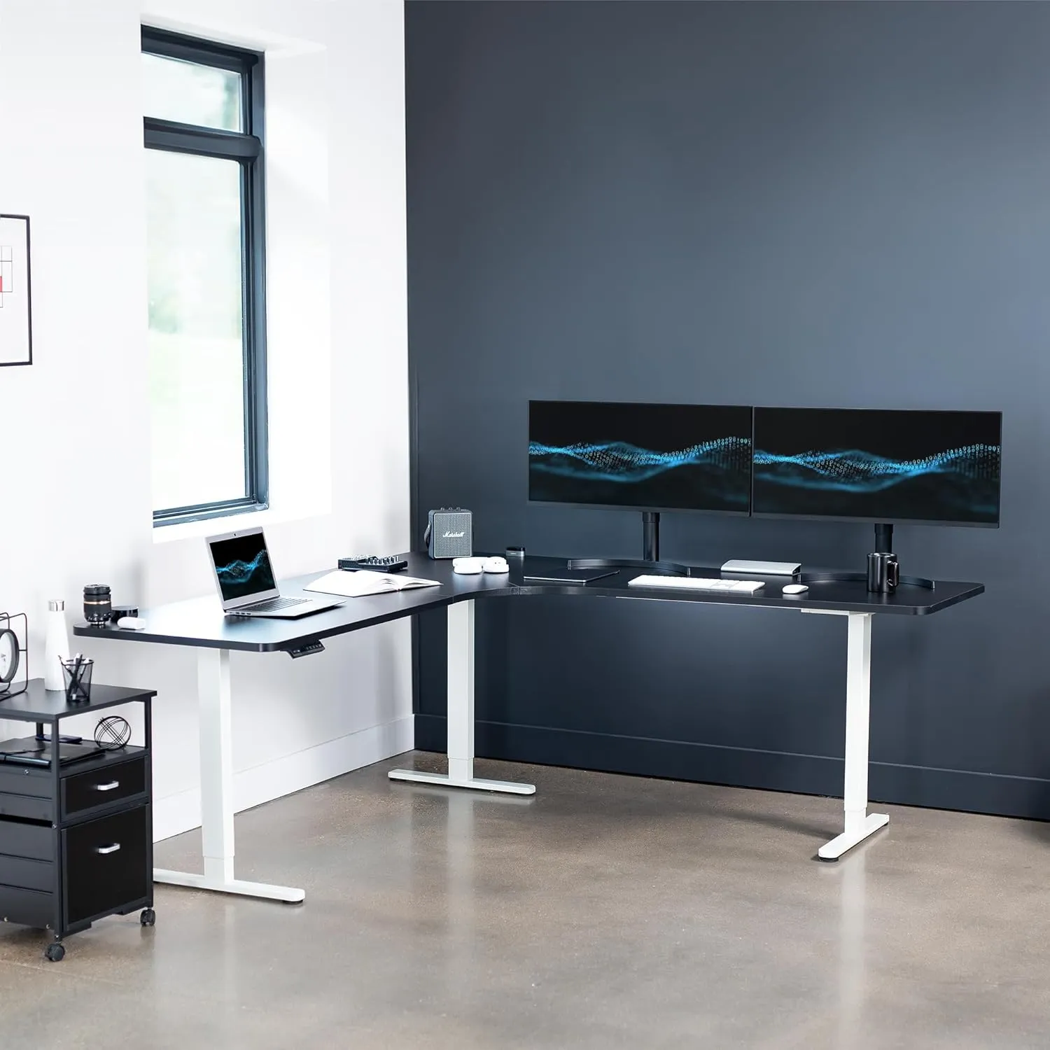 VIVO Electric Height Adjustable 83 x 83 inch Curved Corner Stand Up Desk, Black Table Top, White Frame, Memory Controller, L-Shaped Workstation, E3C Series, DESK-KIT-E3CW83B