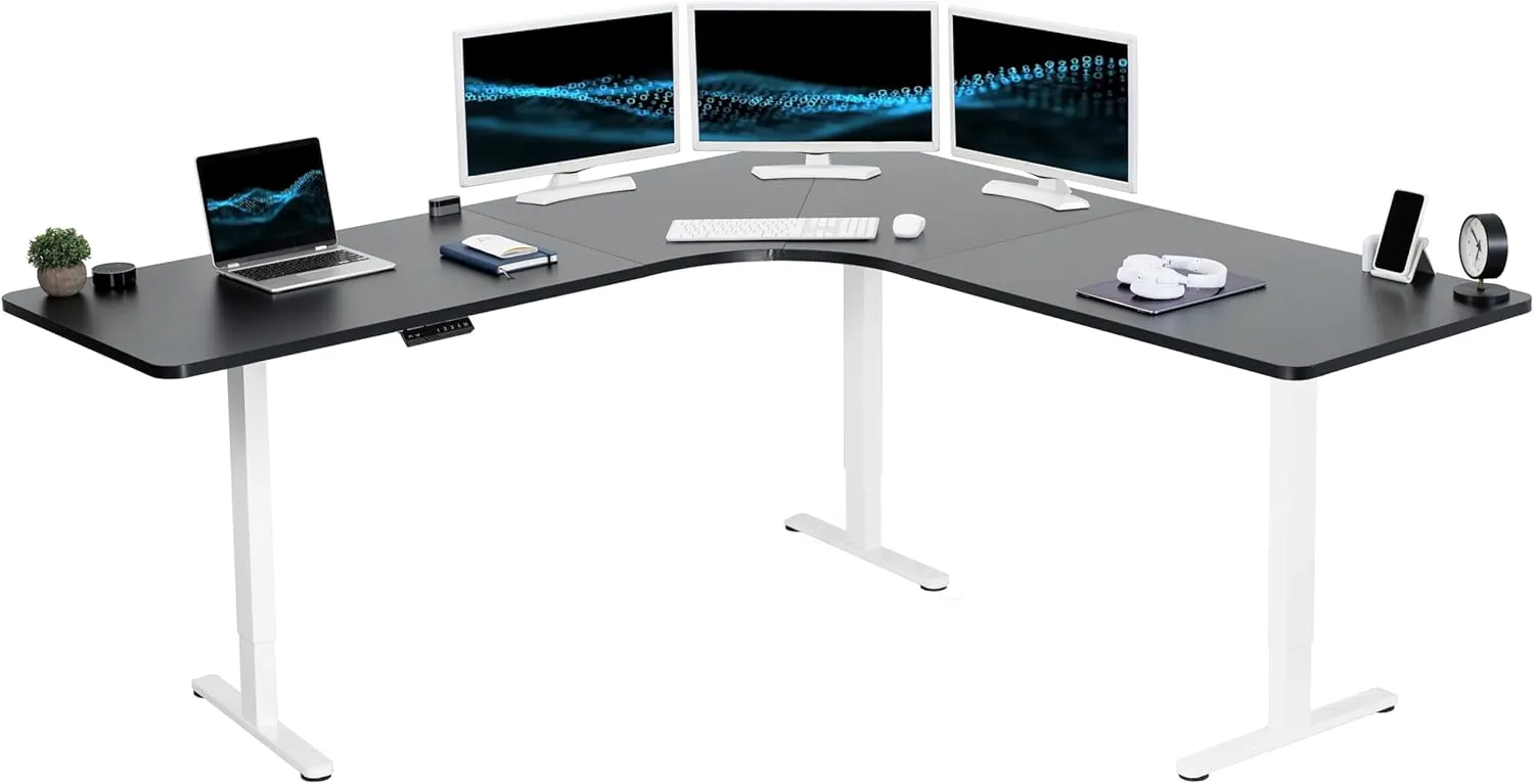 VIVO Electric Height Adjustable 83 x 83 inch Curved Corner Stand Up Desk, Black Table Top, White Frame, Memory Controller, L-Shaped Workstation, E3C Series, DESK-KIT-E3CW83B