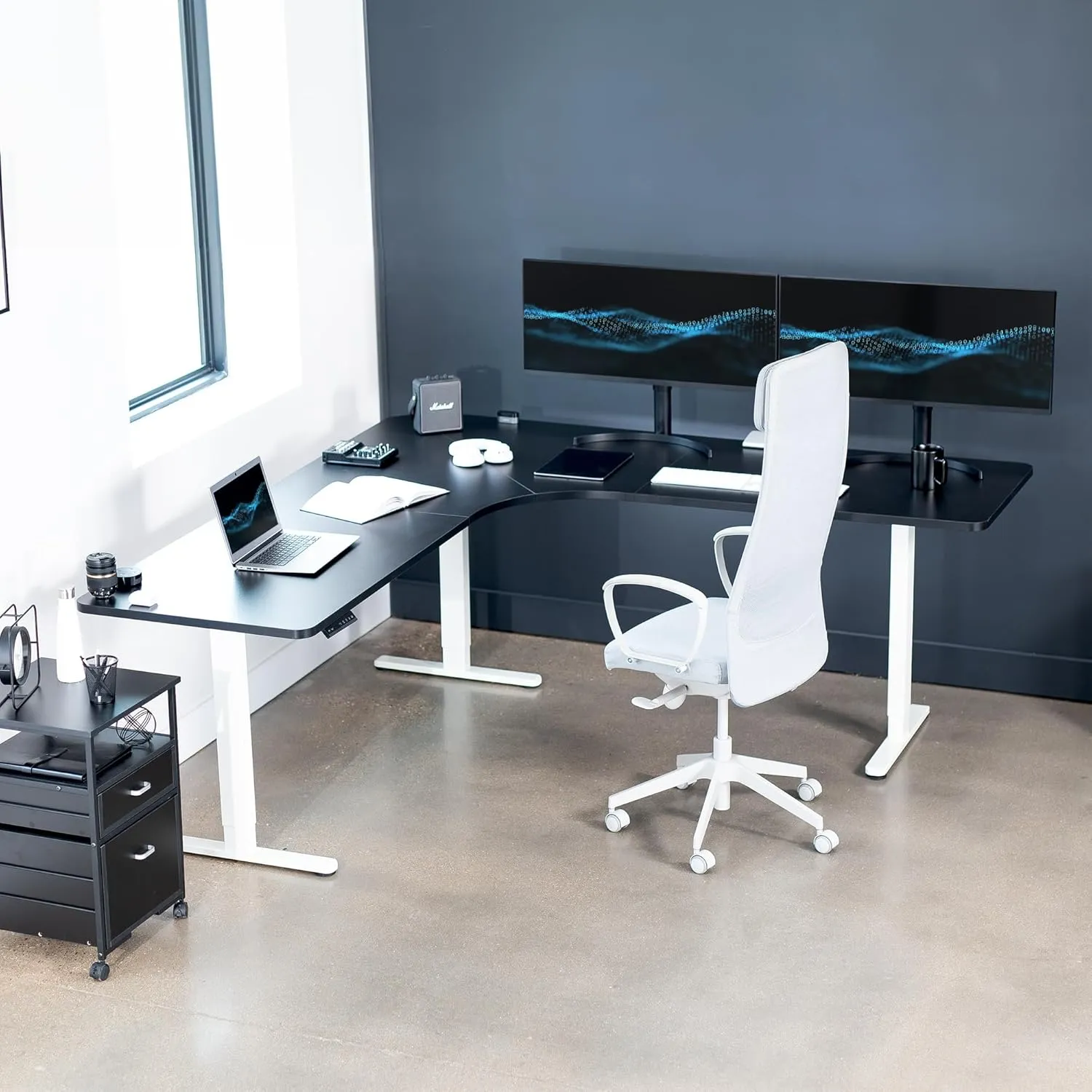 VIVO Electric Height Adjustable 83 x 83 inch Curved Corner Stand Up Desk, Black Table Top, White Frame, Memory Controller, L-Shaped Workstation, E3C Series, DESK-KIT-E3CW83B