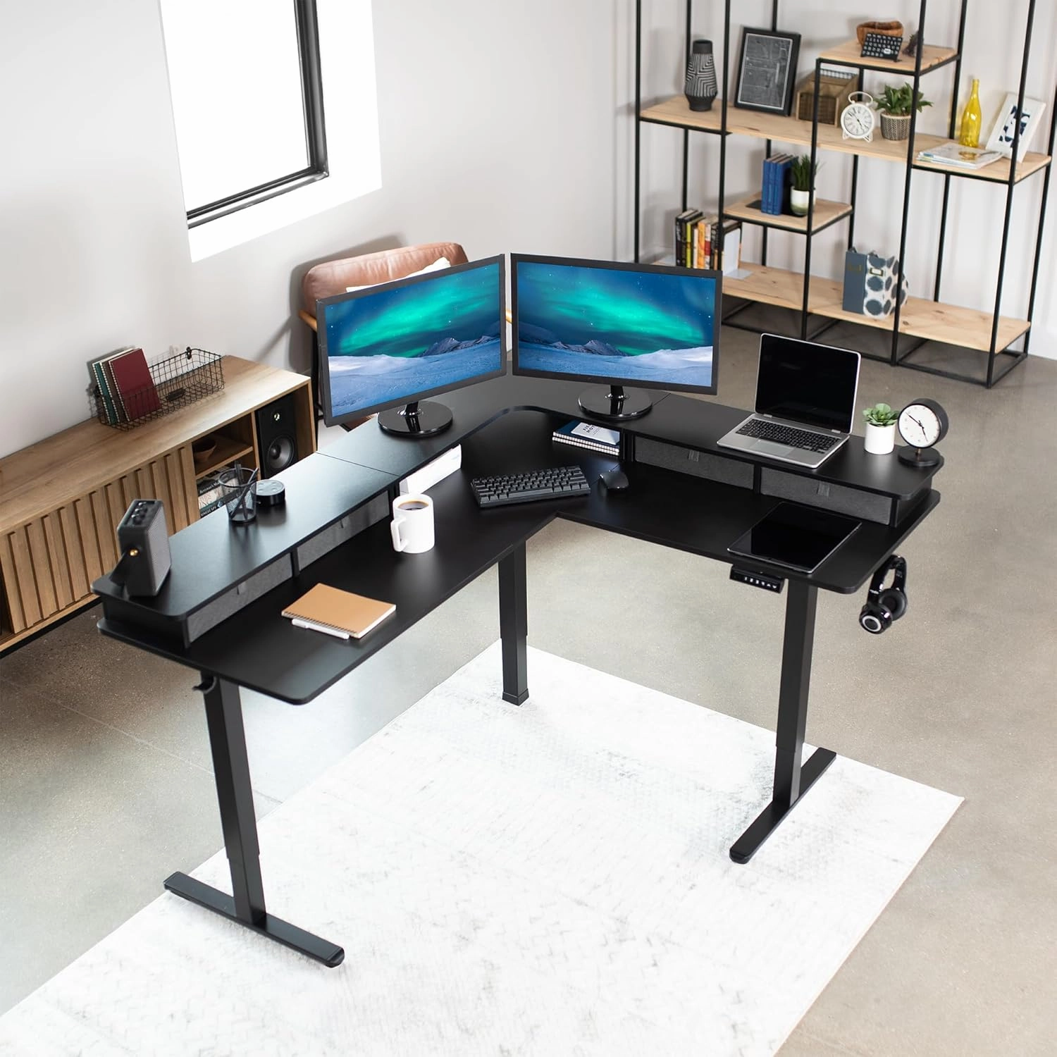 VIVO Electric 2-Tier Corner L-Shaped 63 x 55 inch Standing Desk, Height Adjustable, Memory Controller, Black Top Black Frame, Dark Gray Drawers, DESK-E3CVB