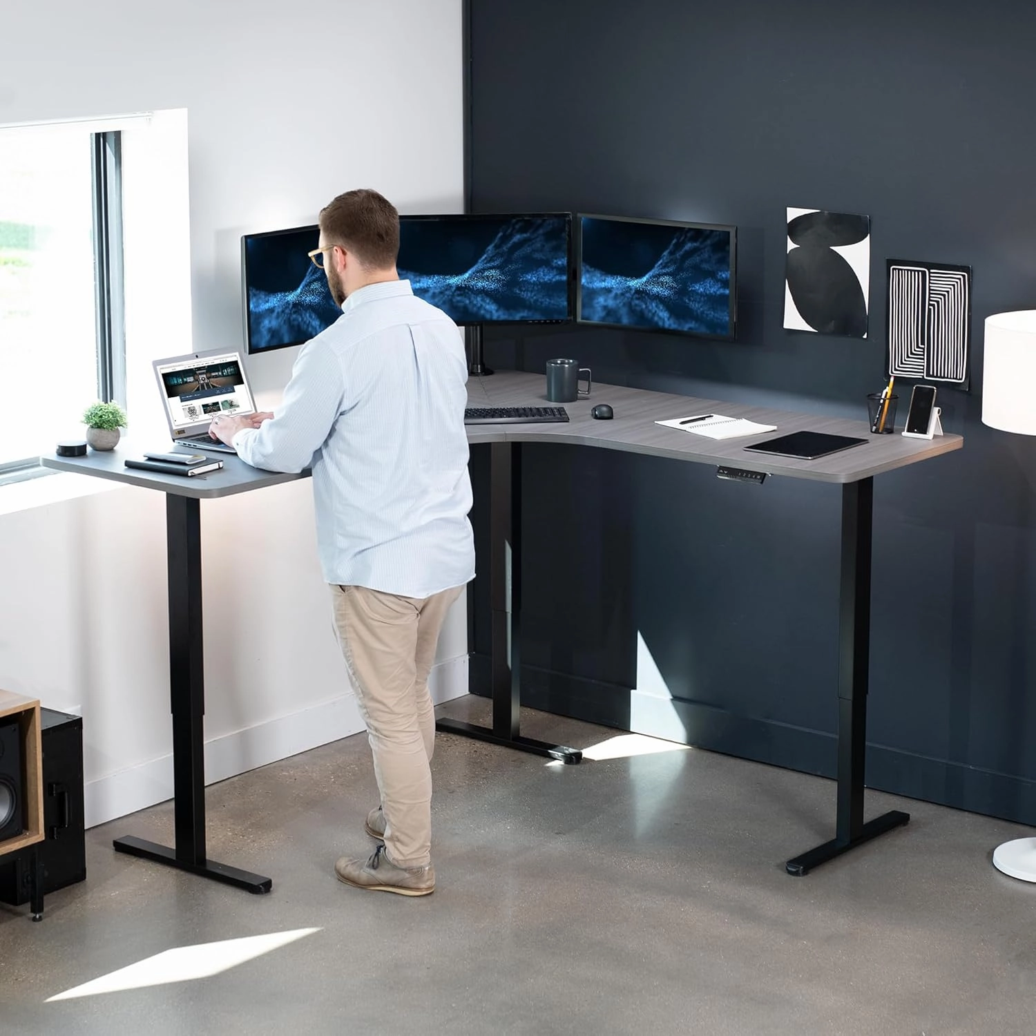 VIVO Electric Height Adjustable 71 x 71 inch Curved Corner Stand Up Desk, Dark Gray Table Top, Black Frame, Memory Controller, L-Shaped Workstation, E3C Series, DESK-KIT-E3CBG