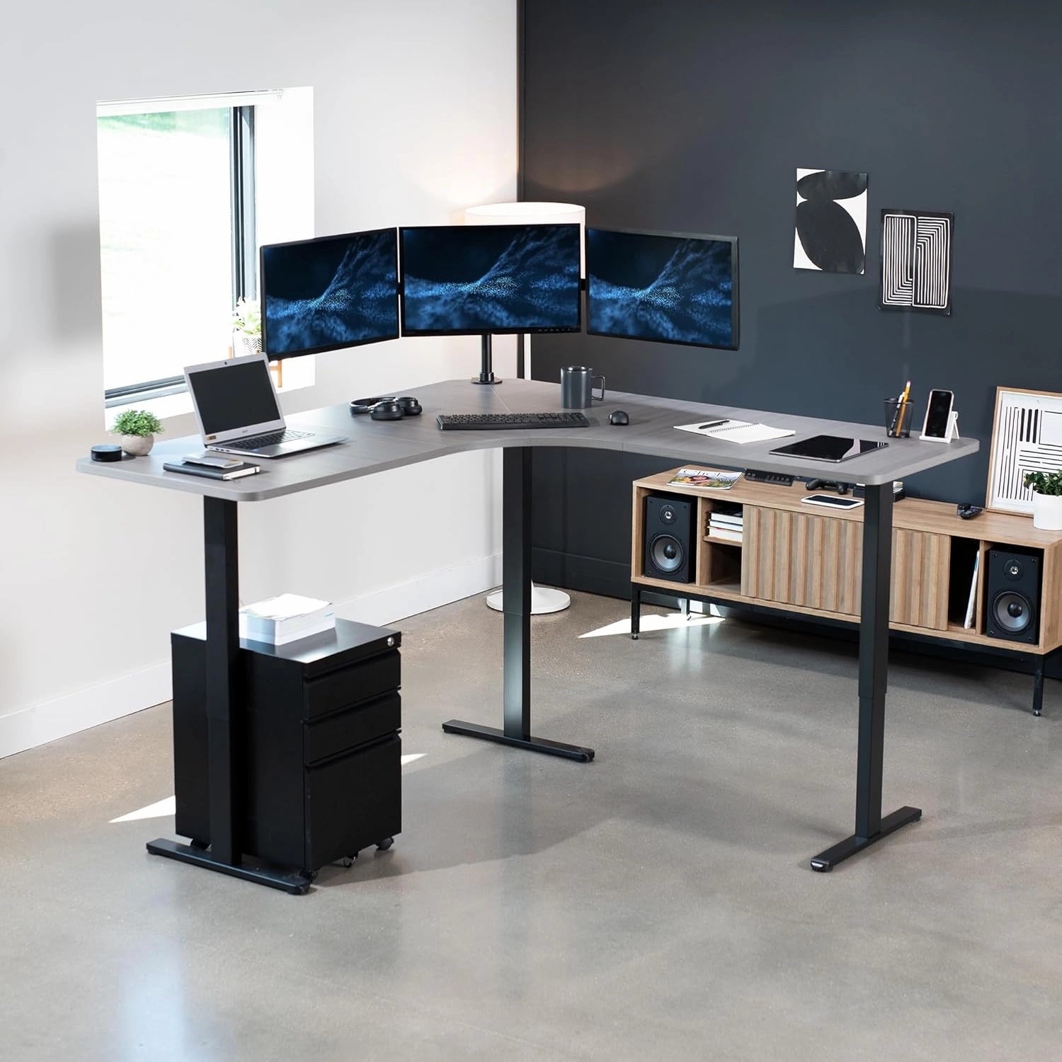 VIVO Electric Height Adjustable 71 x 71 inch Curved Corner Stand Up Desk, Dark Gray Table Top, Black Frame, Memory Controller, L-Shaped Workstation, E3C Series, DESK-KIT-E3CBG
