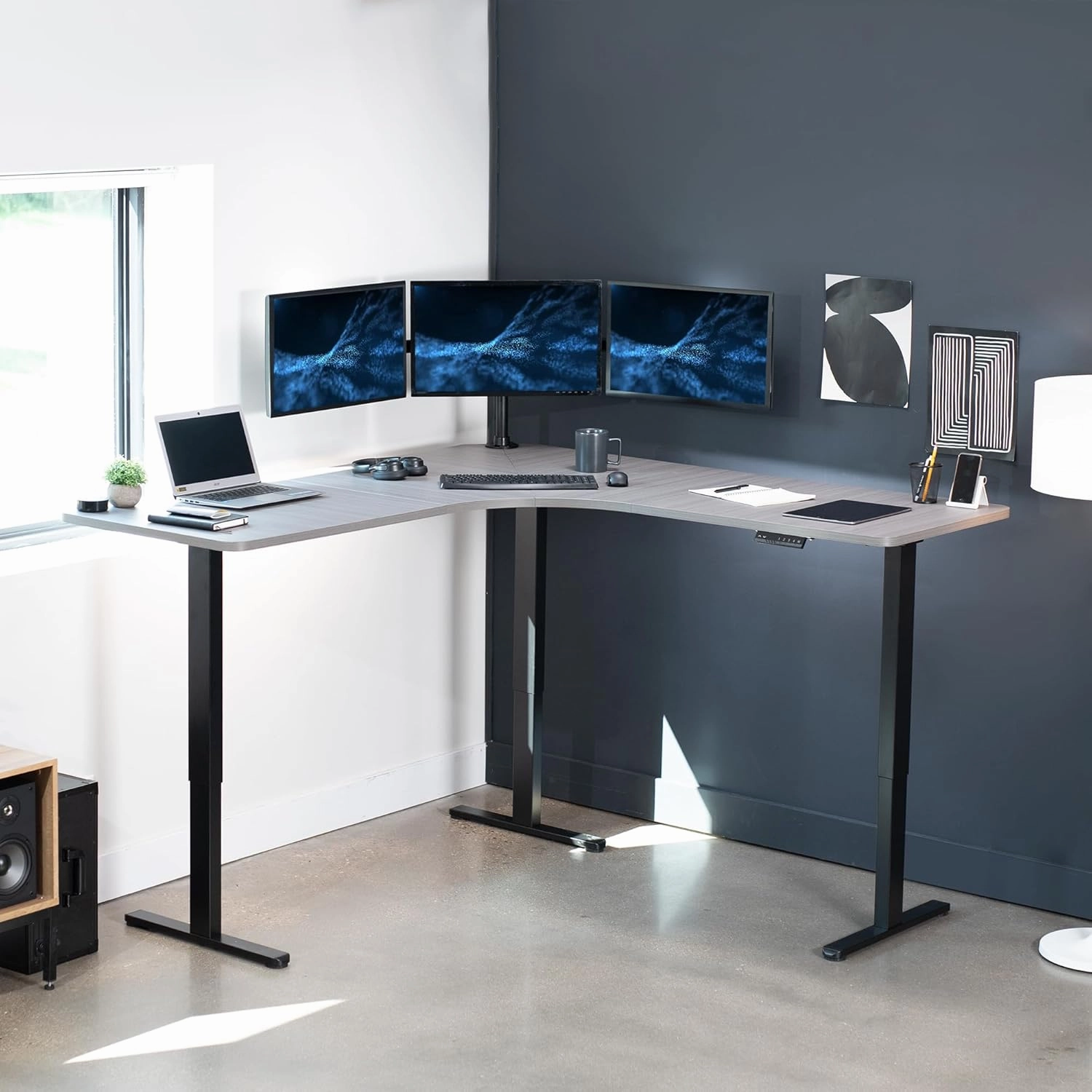 VIVO Electric Height Adjustable 71 x 71 inch Curved Corner Stand Up Desk, Dark Gray Table Top, Black Frame, Memory Controller, L-Shaped Workstation, E3C Series, DESK-KIT-E3CBG