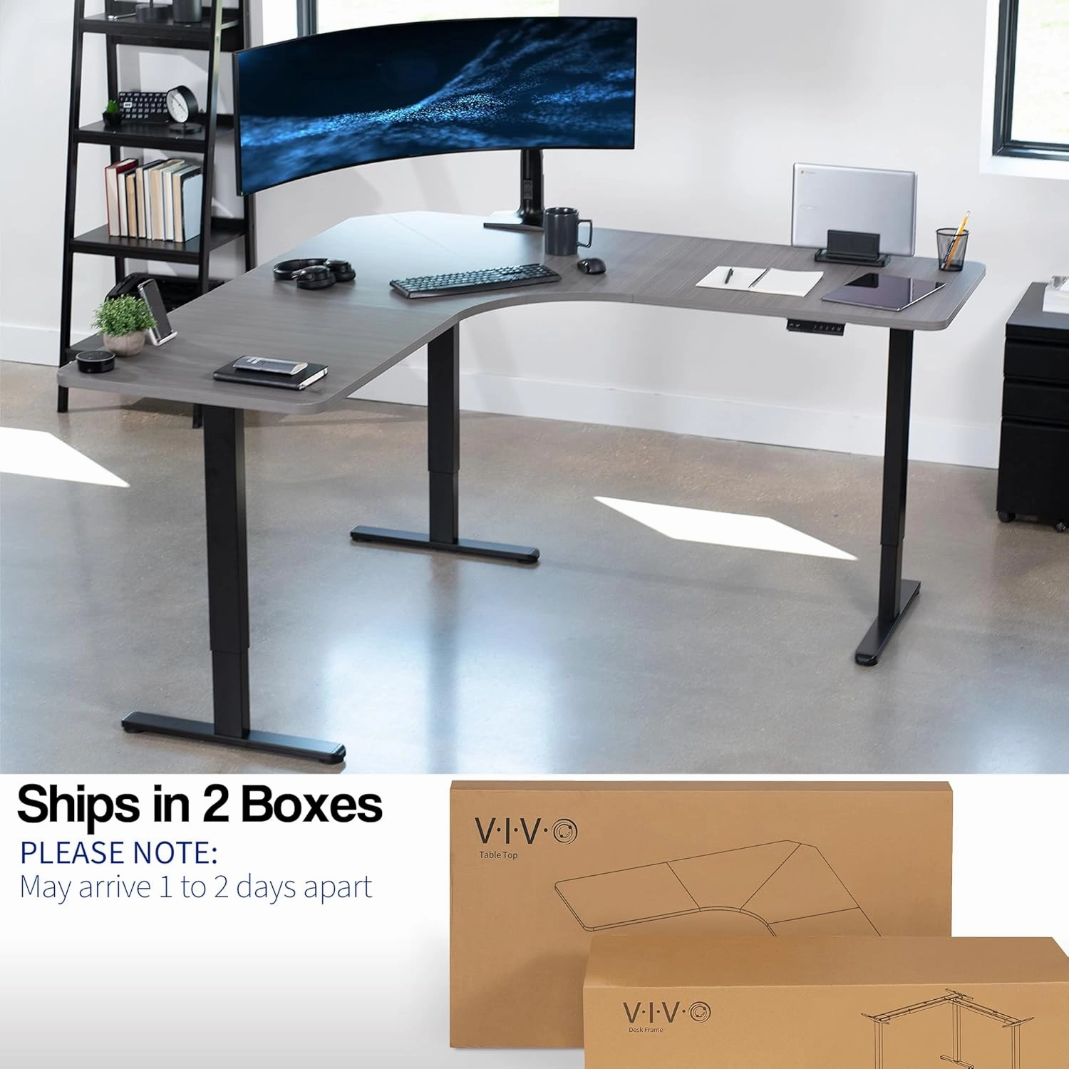 VIVO Electric Height Adjustable 71 x 71 inch Curved Corner Stand Up Desk, Dark Gray Table Top, Black Frame, Memory Controller, L-Shaped Workstation, E3C Series, DESK-KIT-E3CBG