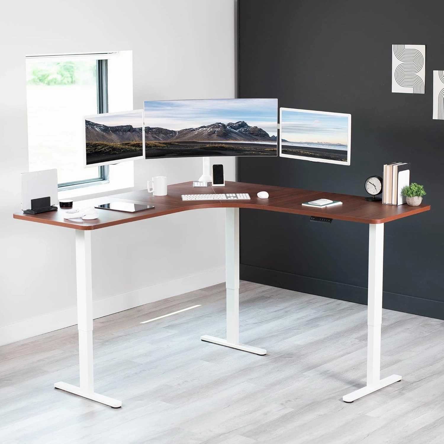 VIVO Electric Height Adjustable 71 x 71 inch Curved Corner Stand Up Desk, Dark Walnut Table Top, White Frame, Memory Controller, L-Shaped Workstation, E3C Series, DESK-KIT-E3CWD