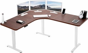 VIVO Electric Height Adjustable 71 x 71 inch Curved Corner Stand Up Desk, Dark Walnut Table Top, White Frame, Memory Controller, L-Shaped Workstation, E3C Series, DESK-KIT-E3CWD
