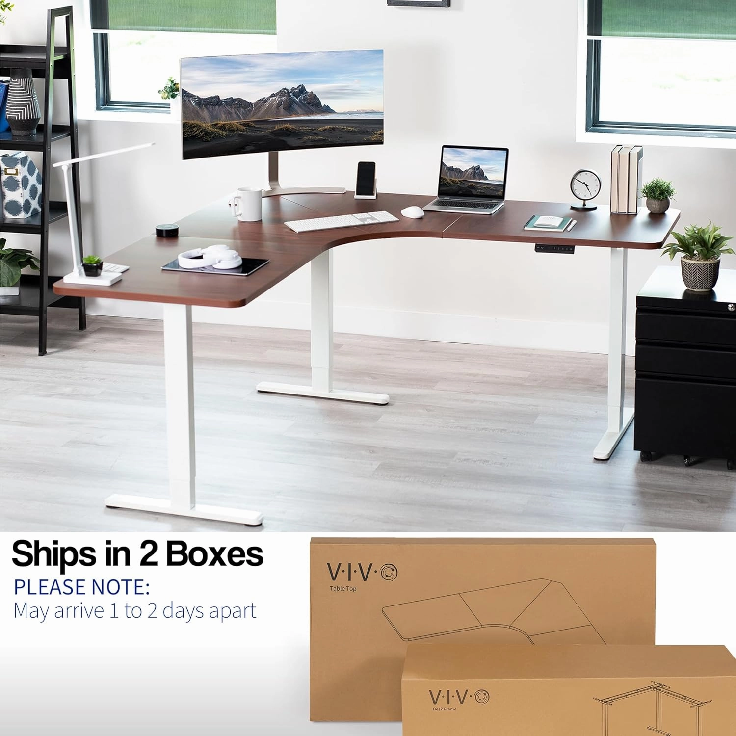 VIVO Electric Height Adjustable 71 x 71 inch Curved Corner Stand Up Desk, Dark Walnut Table Top, White Frame, Memory Controller, L-Shaped Workstation, E3C Series, DESK-KIT-E3CWD