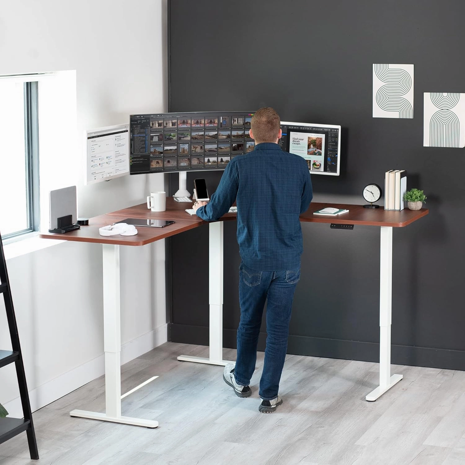 VIVO Electric Height Adjustable 71 x 71 inch Curved Corner Stand Up Desk, Dark Walnut Table Top, White Frame, Memory Controller, L-Shaped Workstation, E3C Series, DESK-KIT-E3CWD