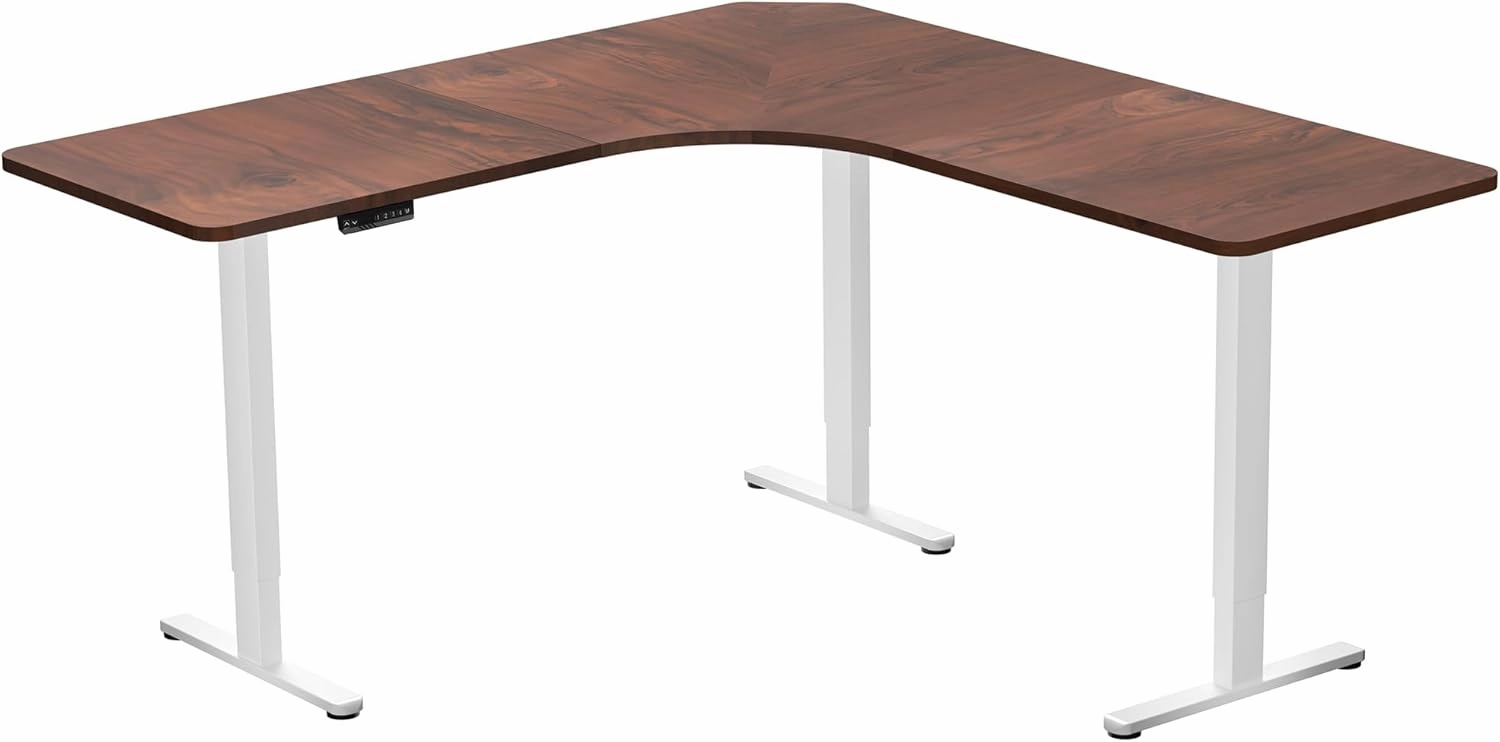 VIVO Electric Height Adjustable 71 x 71 inch Curved Corner Stand Up Desk, Dark Walnut Table Top, White Frame, Memory Controller, L-Shaped Workstation, E3C Series, DESK-KIT-E3CWD