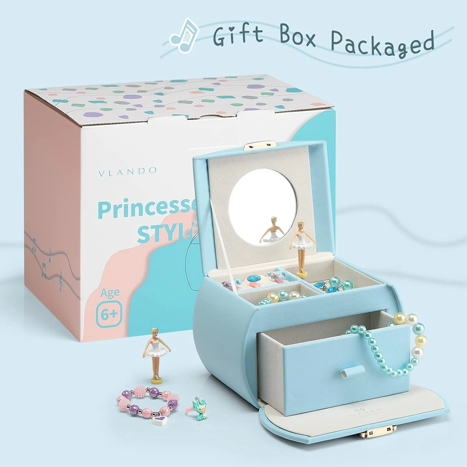 Vlando Kids Musical Jewelry Box for Girls with Drawer, Music Box with Ballerina and Stickers for Birthday Bedroom Decor, Gifts for Girls Kids Christmas Thanksgiving Gifts 2023 - Blue