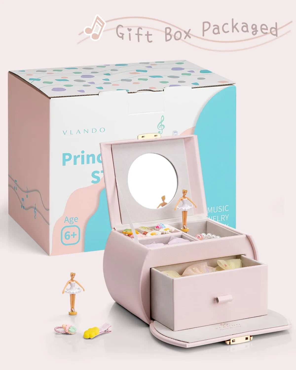 Vlando Kids Musical Jewelry Box for Girls with Drawer, Music Box with Ballerina and Stickers for Birthday Bedroom Decor, Gifts for Girls Kids Christmas Thanksgiving Gifts 2024 - Light Pink