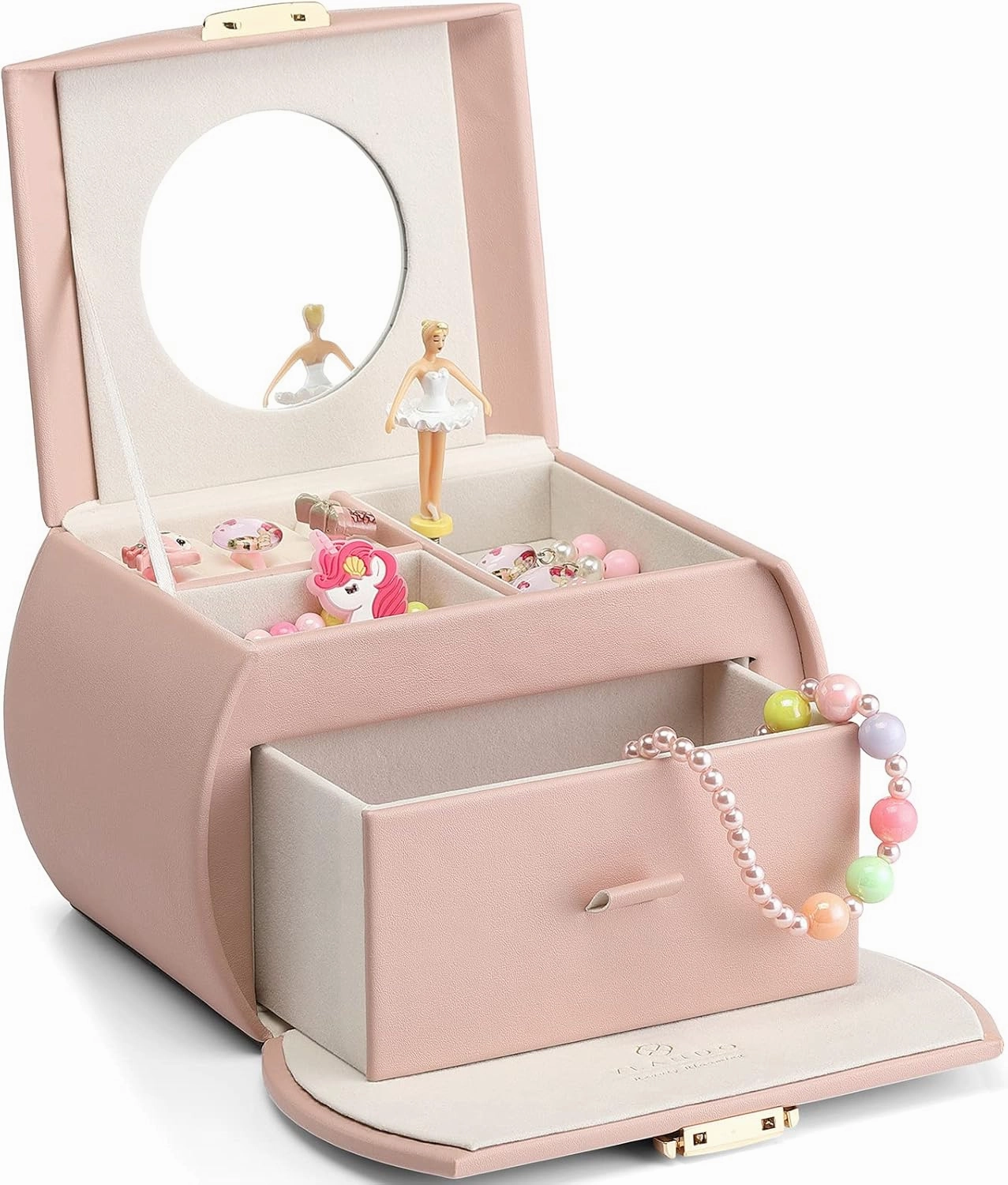 Vlando Kids Musical Jewelry Box for Girls with Drawer, Music Box with Ballerina and Stickers for Birthday Bedroom Decor, Gifts for Girls Kids - Pink