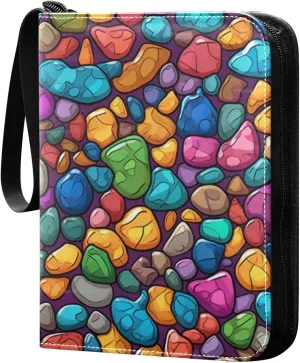 Vnurnrn Card Collection Binder Colorful Stones Print, PU Leather Zipper Side Loading Pocket Card Album with 50 sheets/400 sleeves, Card Book for Trading/Sports/Game Cards