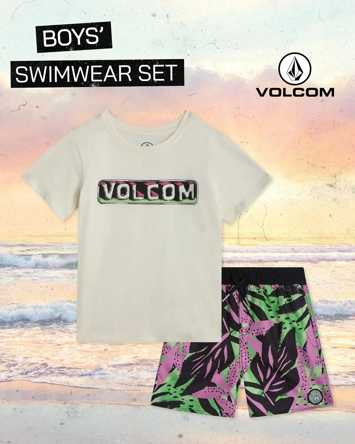Volcom Baby Boys Swim Set - 2 Piece Short Sleeve Swim Shirt Graphic Tees & Board Shorts - Infant Toddler Little Boys Swimsuit