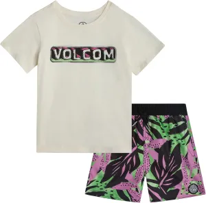 Volcom Baby Boys Swim Set - 2 Piece Short Sleeve Swim Shirt Graphic Tees & Board Shorts - Infant Toddler Little Boys Swimsuit