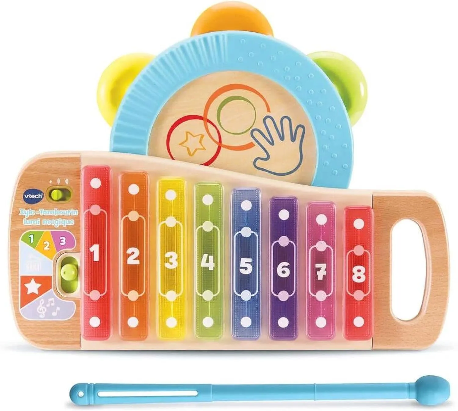 VTech - Xylo-Tambourine Lumi Magic Play Green, Partially Wooden Musical Instrument, 2-in-1 Musical Toy, Baby Girl and Boy Gift from 18 Months