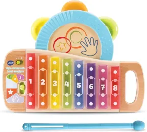 VTech - Xylo-Tambourine Lumi Magic Play Green, Partially Wooden Musical Instrument, 2-in-1 Musical Toy, Baby Girl and Boy Gift from 18 Months