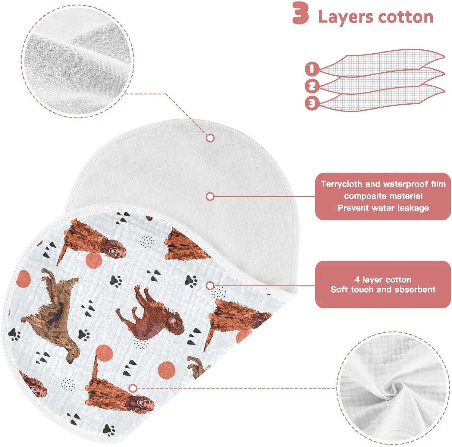 vvfelixl Muslin Burp Cloths Irish Setter Dog Pattern Baby Washcloths for Baby Girl Boys 2 Pack