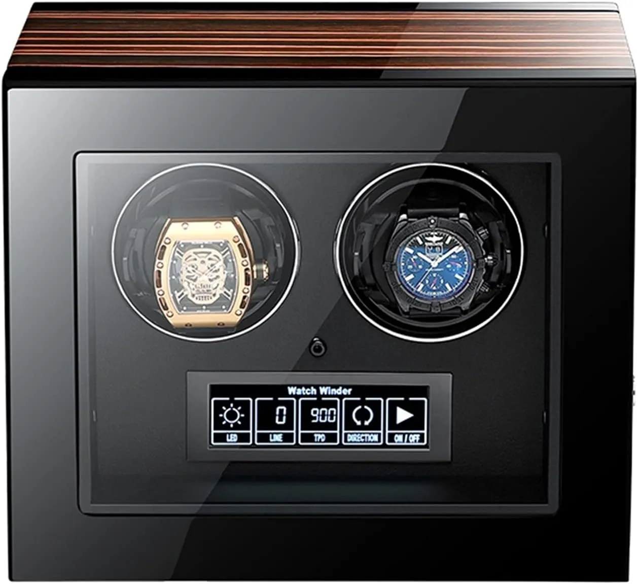 Watch Display Box Watch Winder Box for Self- Winding 2/4/6/9/12/24 Automatic Watches with LED Case Backlight and LCD Display, Wooden Piano Finish Adjustable, Adjustable Watch Pil