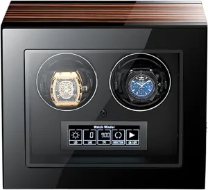 Watch Display Box Watch Winder Box for Self- Winding 2/4/6/9/12/24 Automatic Watches with LED Case Backlight and LCD Display, Wooden Piano Finish Adjustable, Adjustable Watch Pil