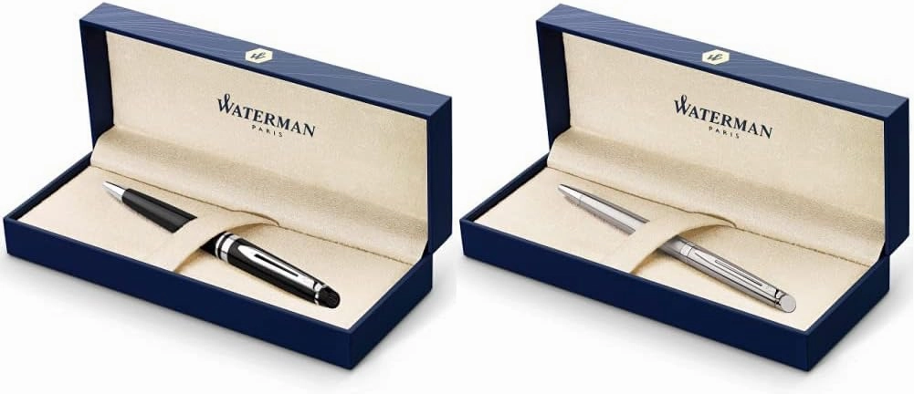 Waterman Expert Black Ballpoint Pen CT, Medium Point, Blue Ink Hemisphere Ballpoint Pen, Stainless Steel with Chrome Trim, Medium Point with Blue Ink Cartridge, Gift Box