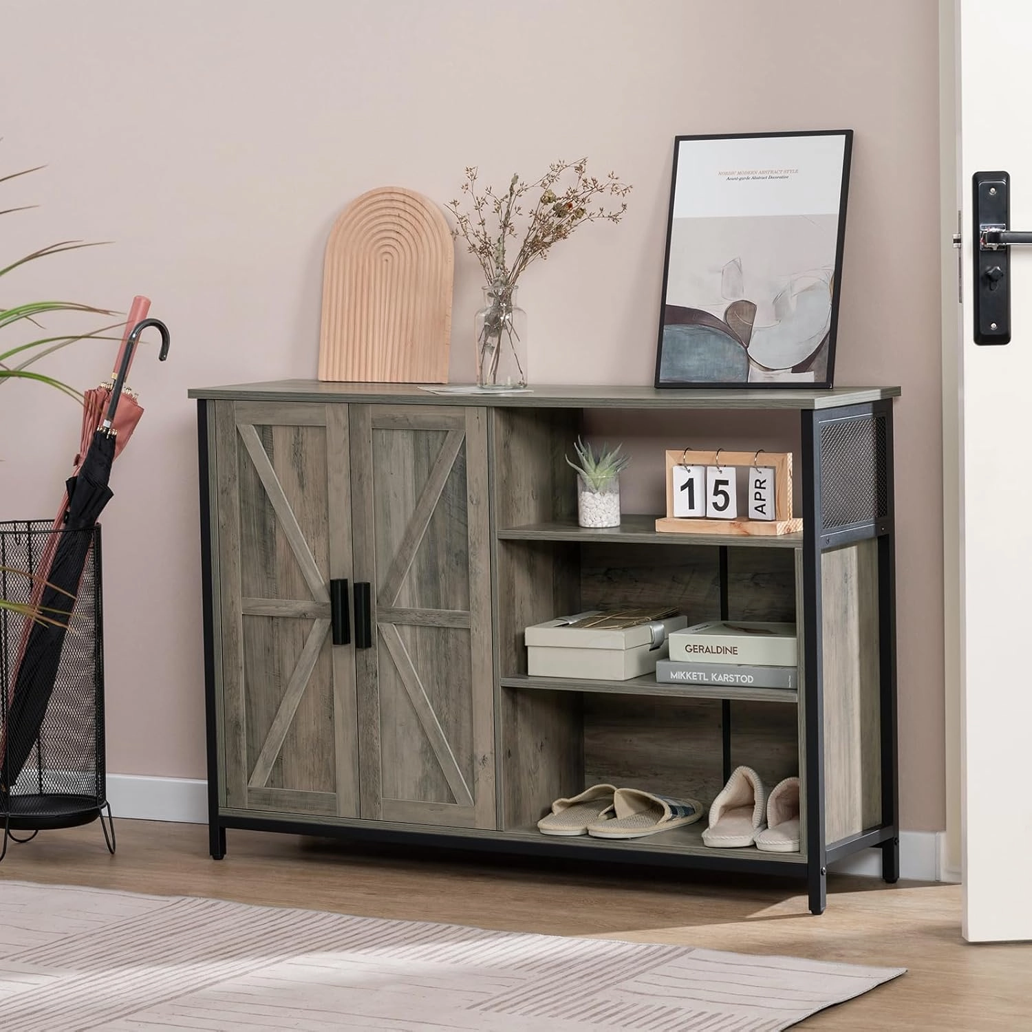WEENFON Floor Storage Cabinet, Buffet Storage Cabinet with 2 Barn Doors, Industrial Sideboard with Adjustable Shelves, Buffet Table for Dining Room, Living Room, Kitchen, Rustic Oak