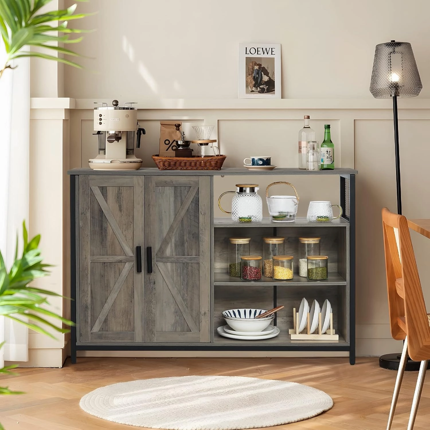 WEENFON Floor Storage Cabinet, Buffet Storage Cabinet with 2 Barn Doors, Industrial Sideboard with Adjustable Shelves, Buffet Table for Dining Room, Living Room, Kitchen, Rustic Oak