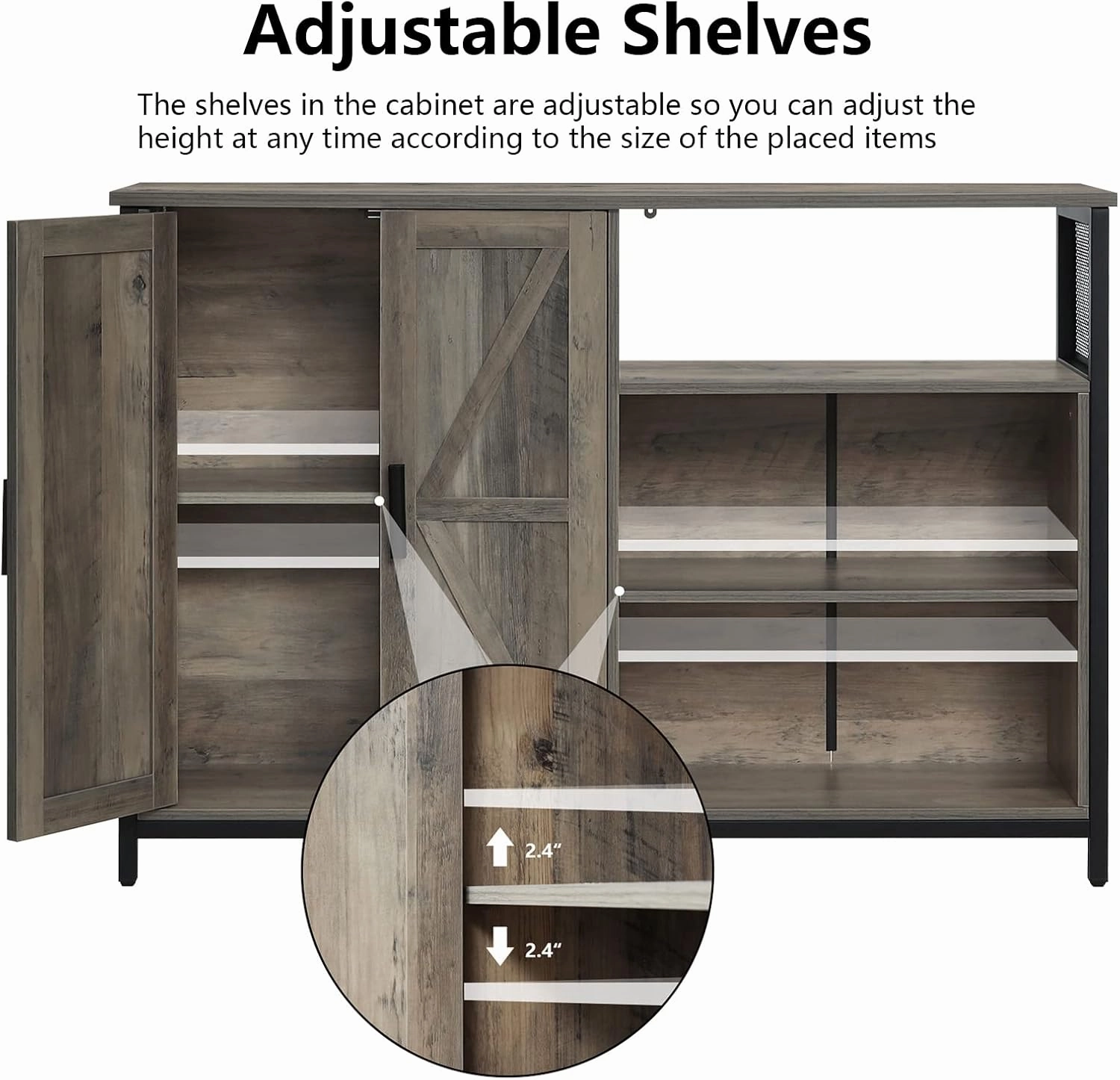 WEENFON Floor Storage Cabinet, Buffet Storage Cabinet with 2 Barn Doors, Industrial Sideboard with Adjustable Shelves, Buffet Table for Dining Room, Living Room, Kitchen, Rustic Oak