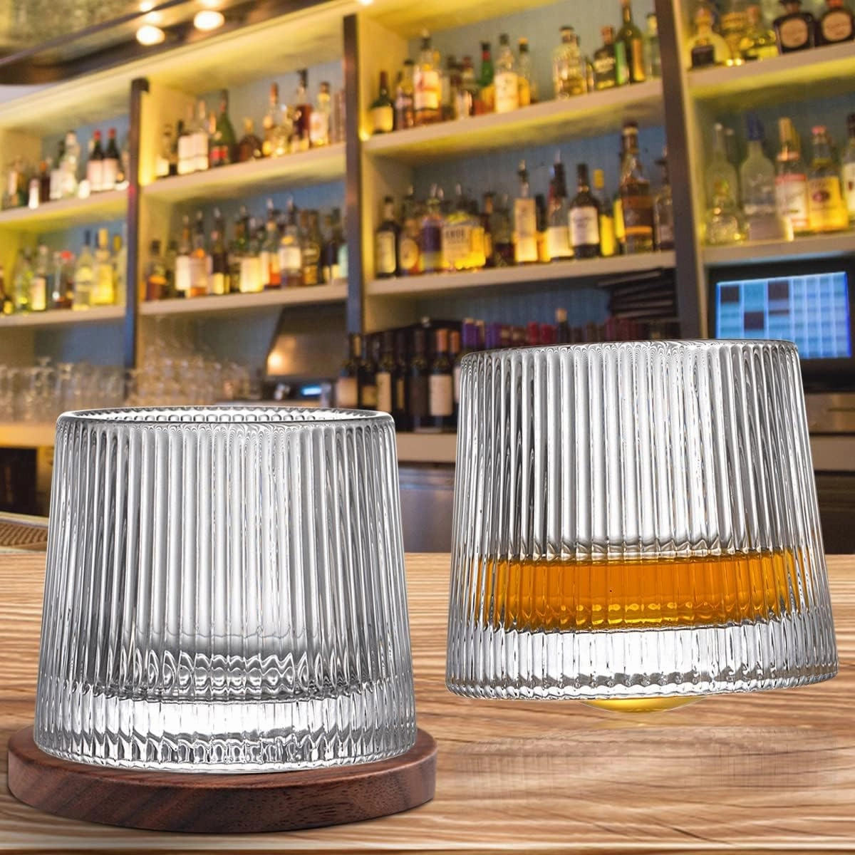 Whiskey Glasses Set of 2, Rotatable Tumbler Crystal Glass Cups, Drinking Glasses with 2Pcs Creative Walnut Coasters and Gift Box - for Scotch,Bourbon,Cocktails